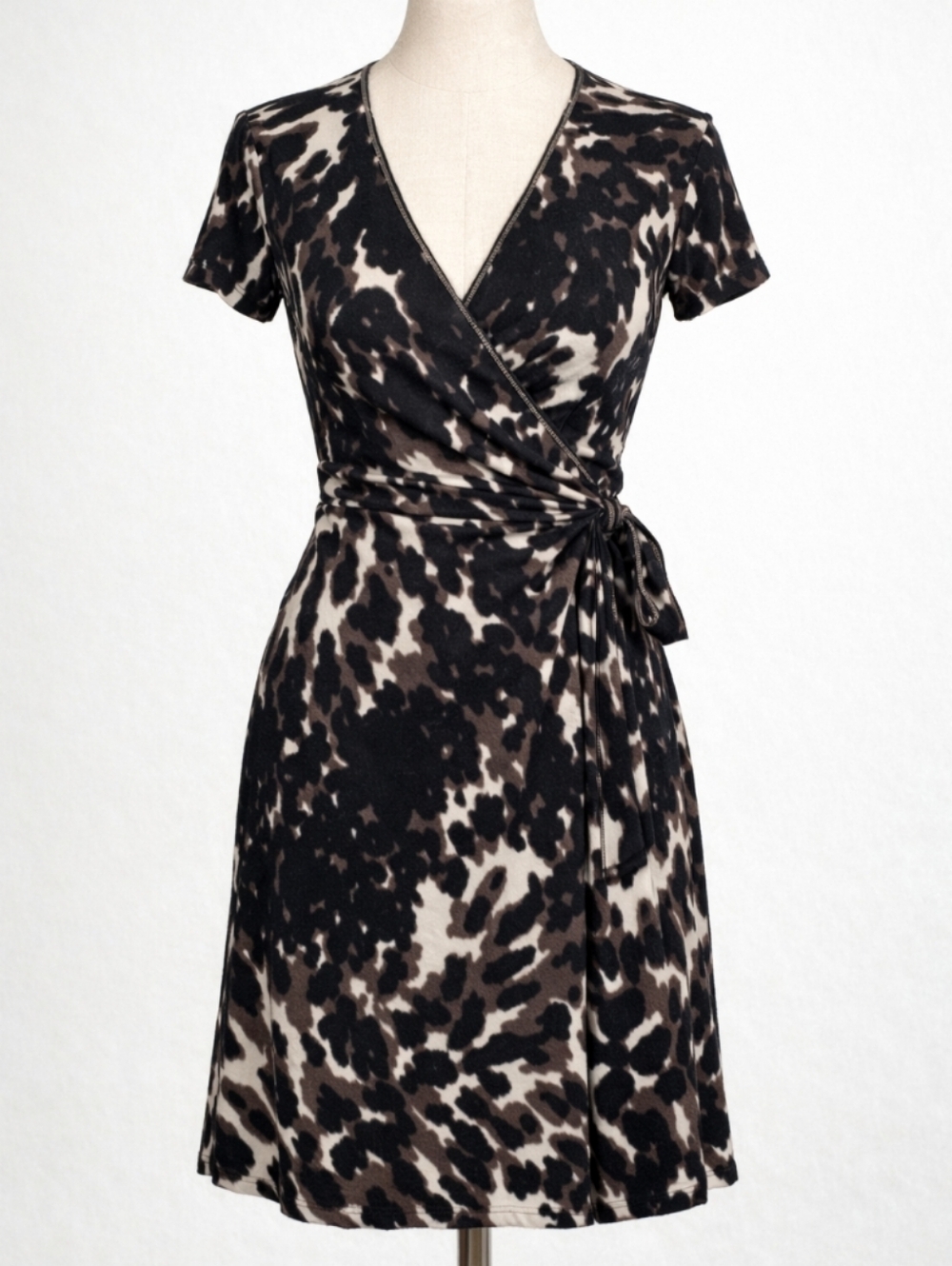 Banana Republic Silk Wrap Dress | Black Brown Abstract | Surplice V‑Neck | XS